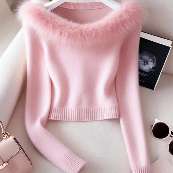 Pink Casual Women's Elegant Patchwork Fur Collar Sweater Cloth - Picture 1 of 7
